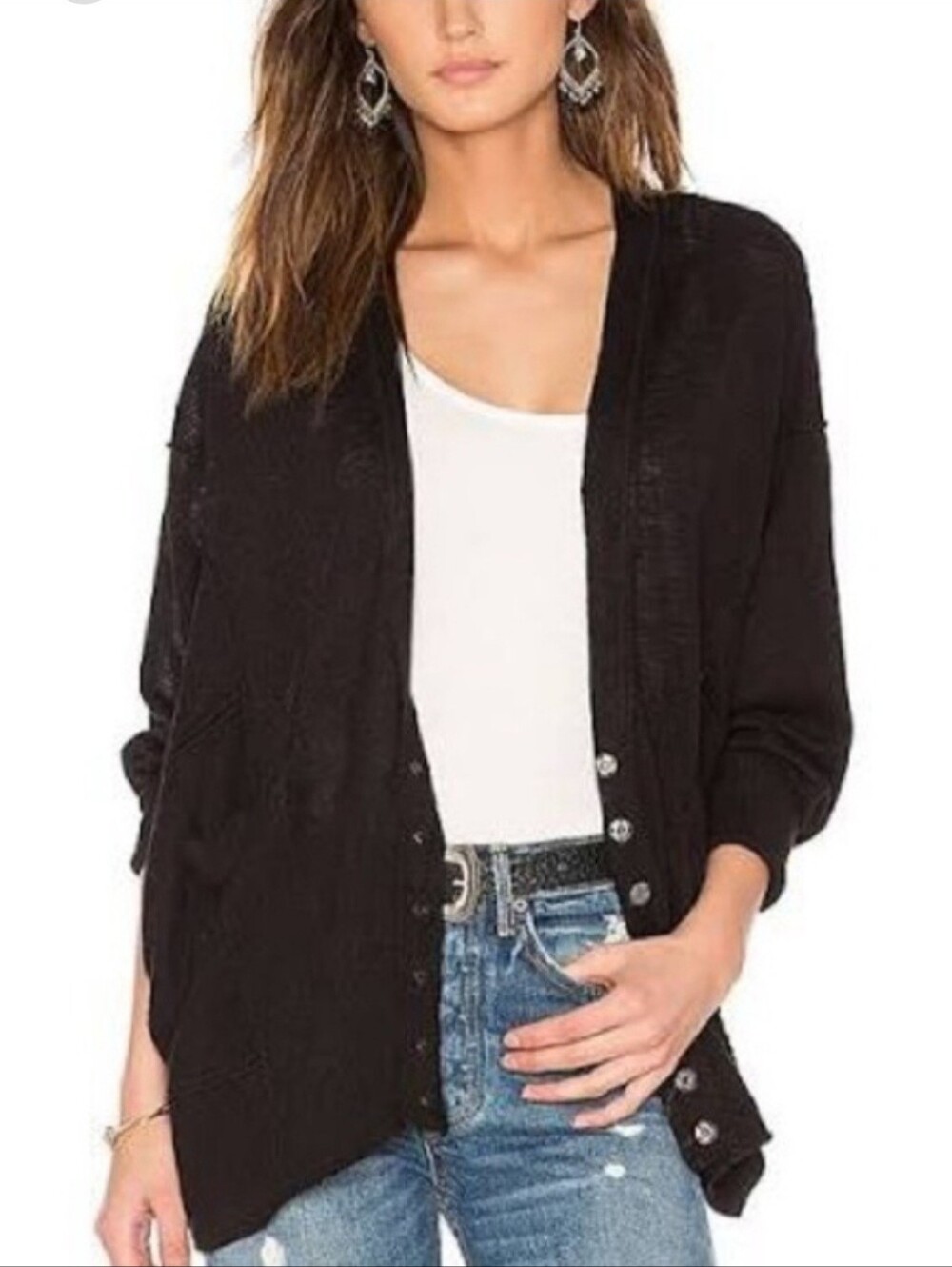 Free People Days Like This Cardi Black Linen Blend Oversized Cardigan Small
